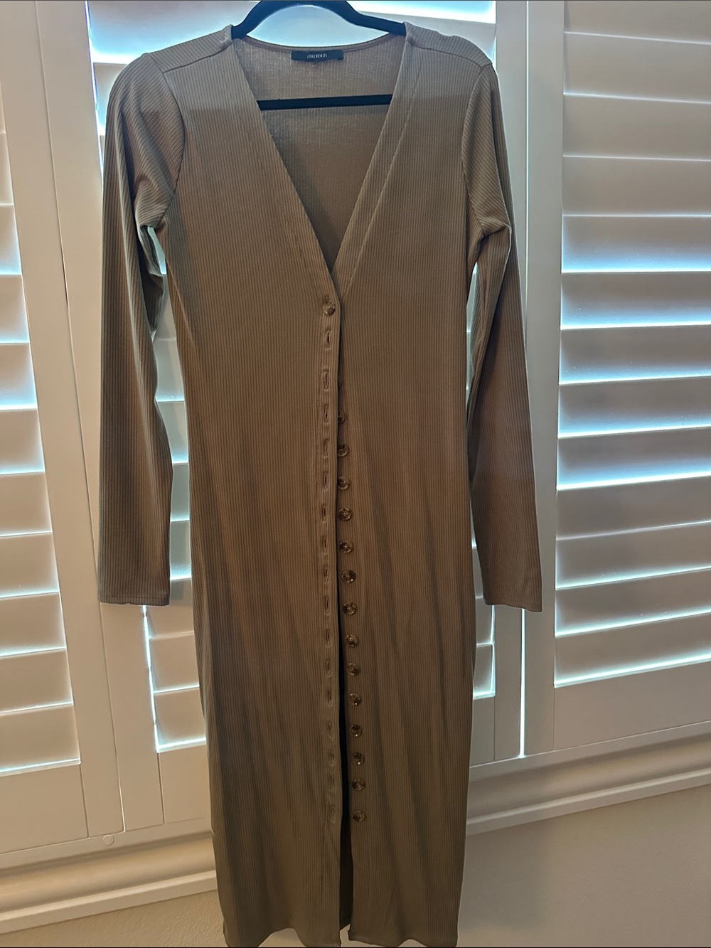 Forever 21 Ribbed Button-Front Long Sleeve Dress - Light Olive Green